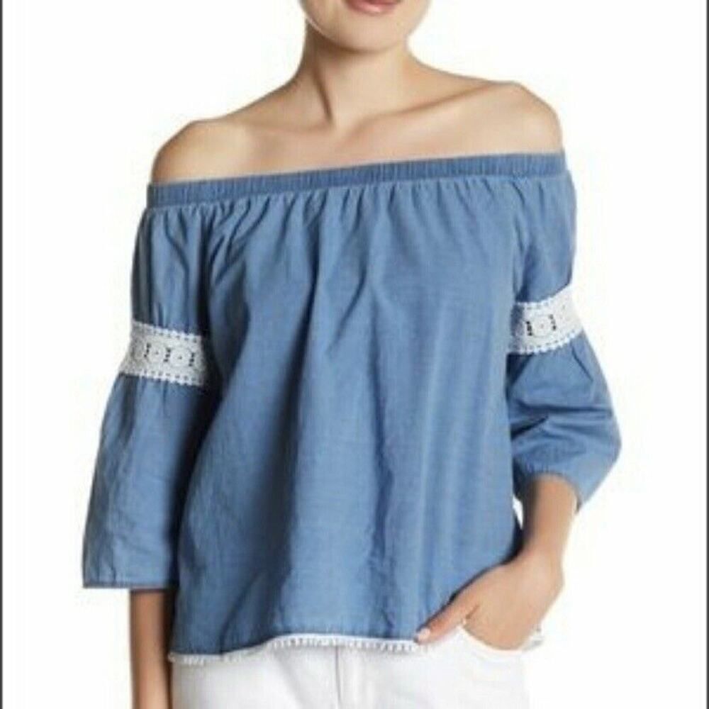 Joe’s Jeans Off The Shoulder Blue Chambray Blouse Crochet Trim Size Small